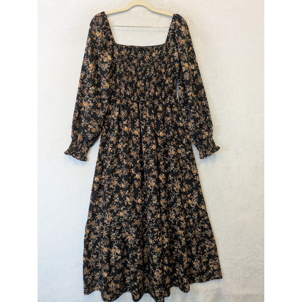 SHEIN Black Floral Smocked Square Neck Tiered Maxi Dress Small Cottagecore Boho